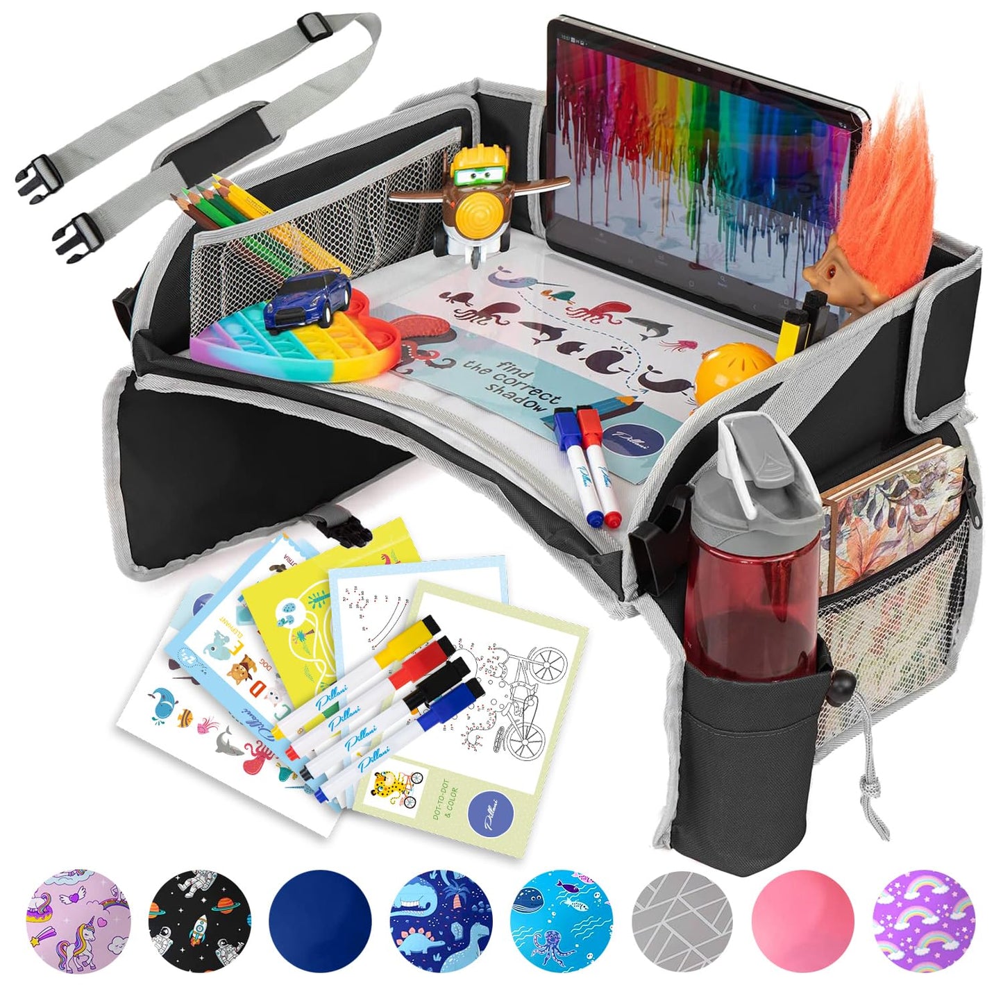 PILLANI Kids Travel Tray for Car - Car Seat Tray with Activity Sheets & Pens, Road Trip Essentials