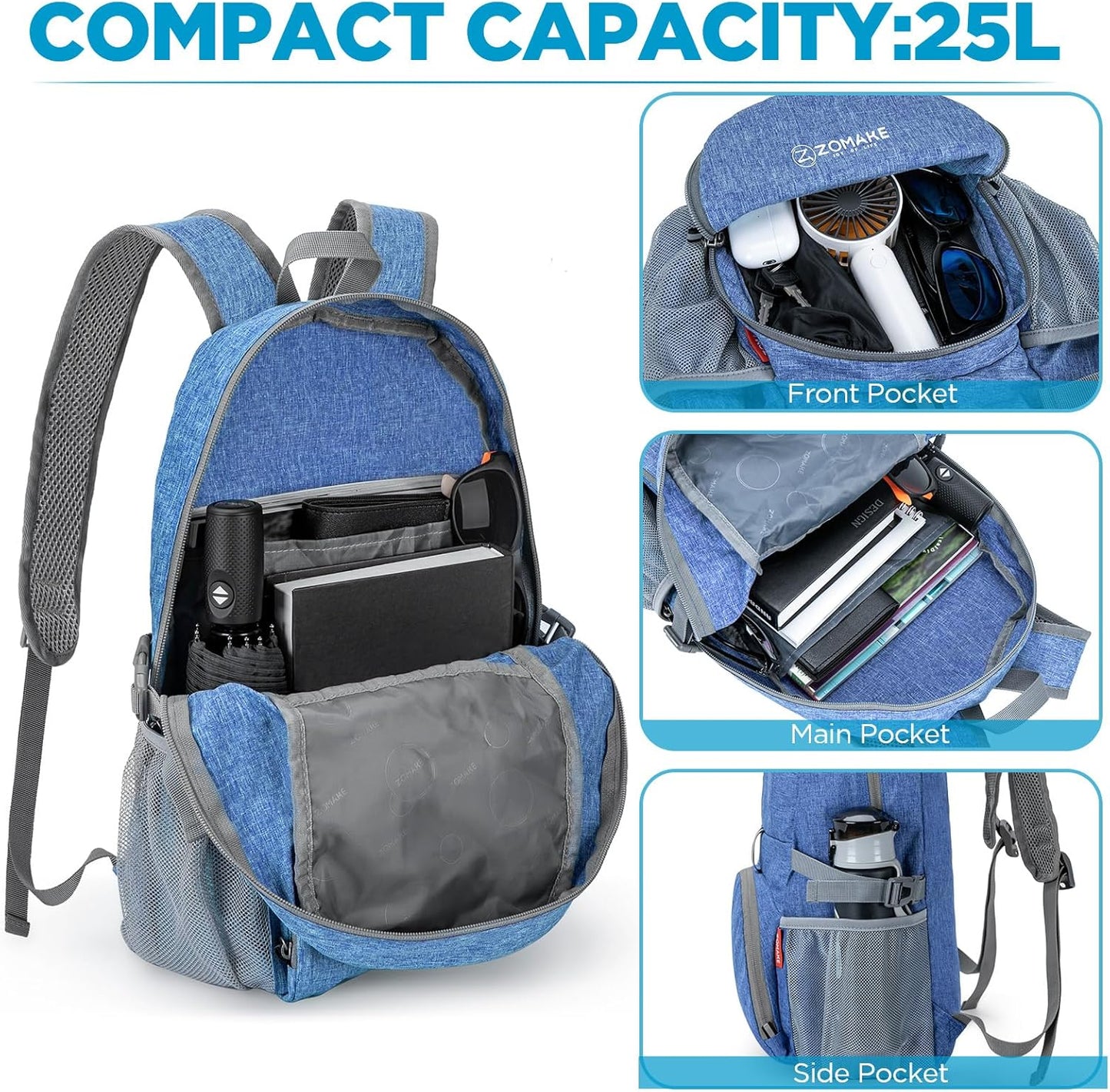 ZOMAKE Ultra Lightweight Packable Backpack 25L,Small Foldable Backpacks Hiking Water Resistant Collapsible Daypack for Women Men(Dark Blue-C2)