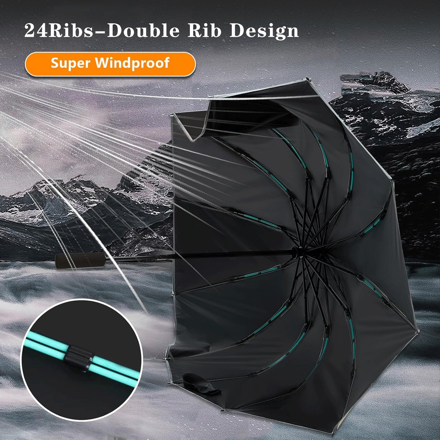 Large Double-Ribs Umbrella Automatic Folding Umbrella for Women Men, Travel, UPF 50+ UV Protection,46-Inch, 12 Ribs, Light Green