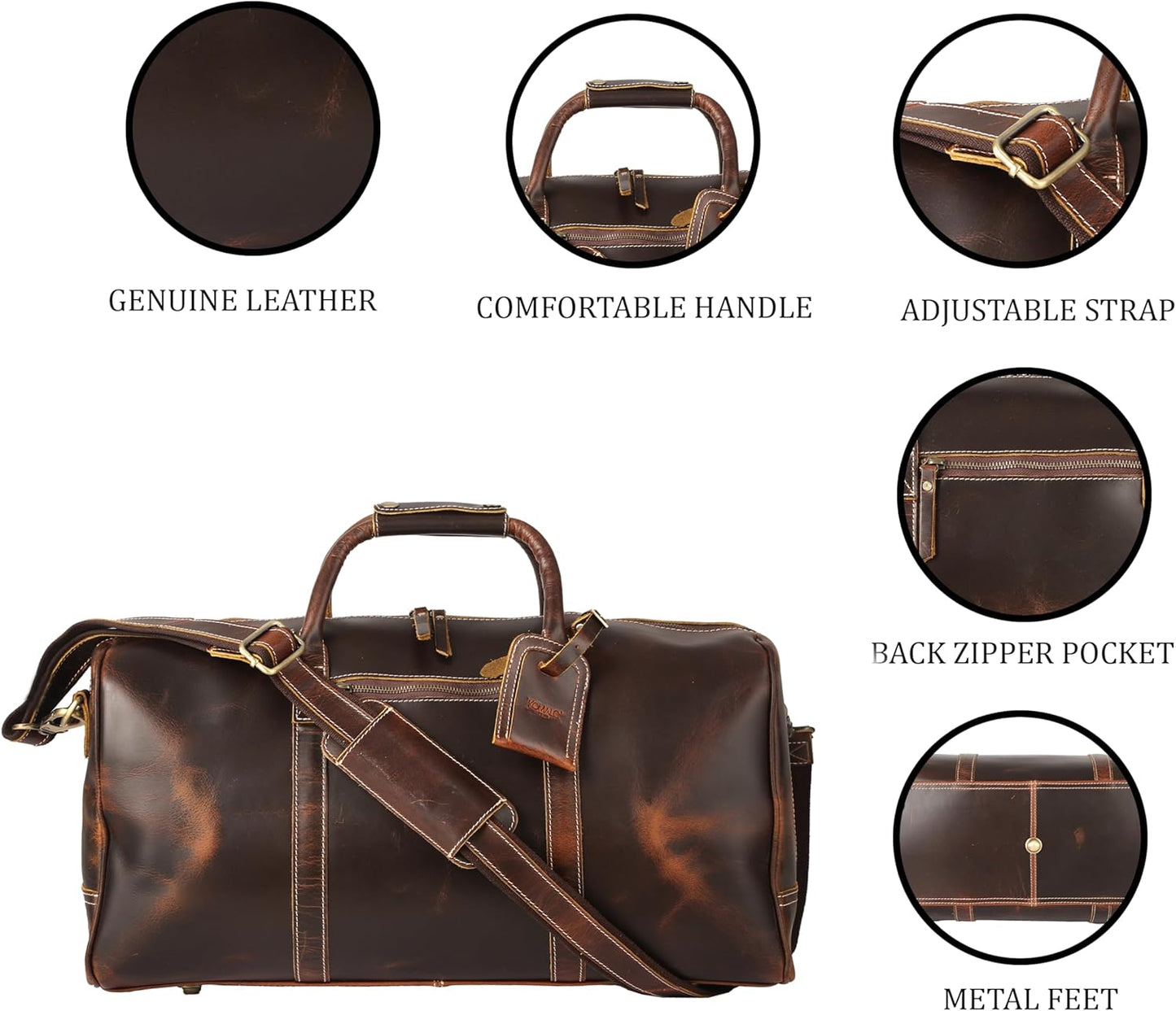 KomalC Leather Duffel Bags for Men and Women Full Grain Leather Travel Overnight Weekend Leather Bags Sports Gym Duffel for Men (Dark Tan, 20 Inch)