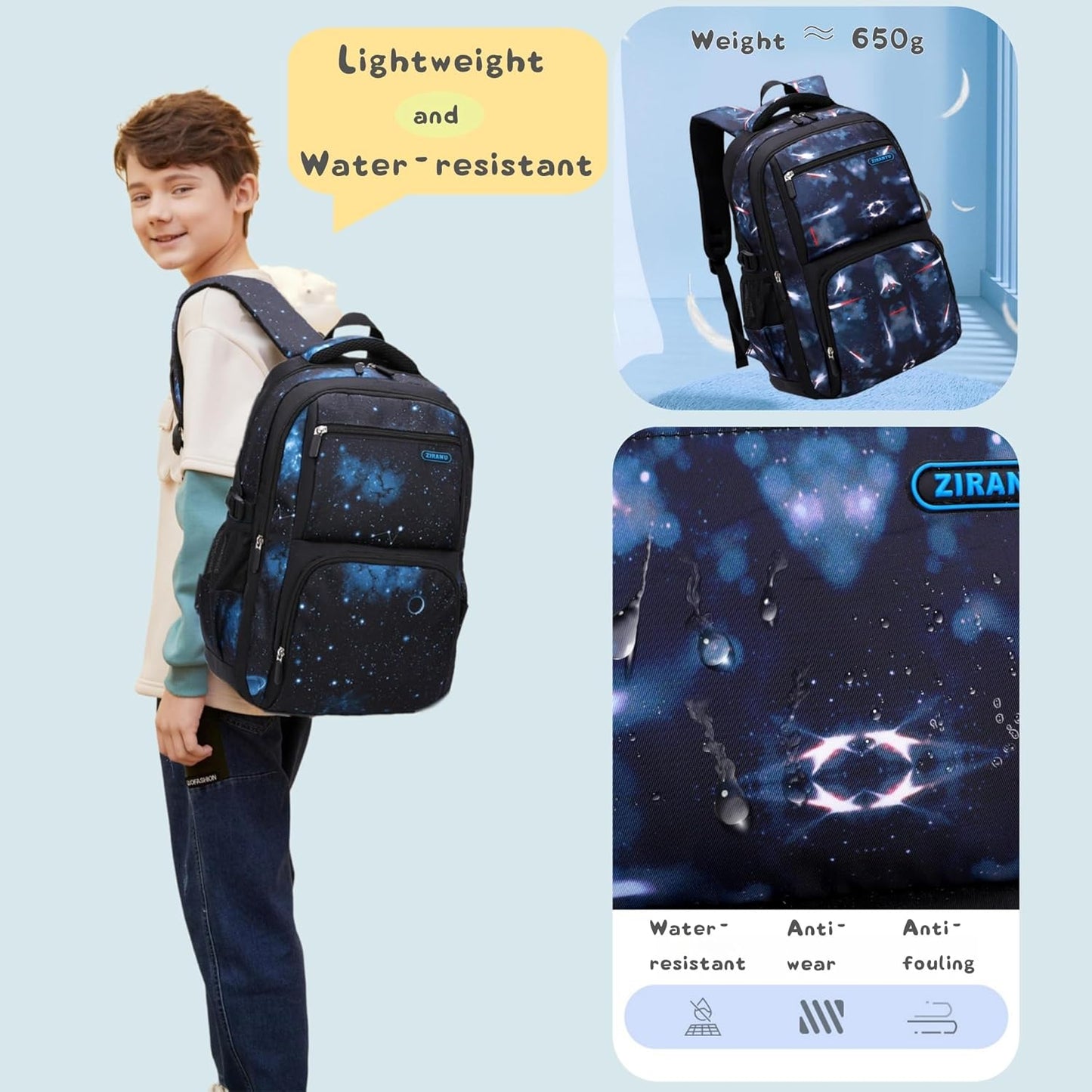 Galaxy Kids Backpacks for Boys School, Water-resistant Boys Backpacks Middle School Bags, Black-blue