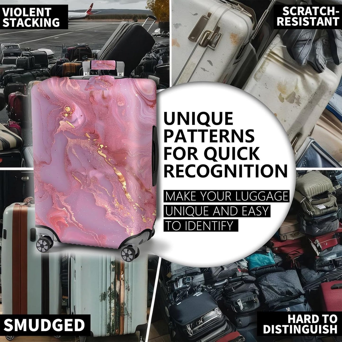 Travel Luggage Cover,Pink Gilt Marble Theme Suitcase Cover Accessory Kit, Luggage Tag, and Comfortable Luggage Handle Wrap, Washable Zipper Close Luggage Suitcase Protector (18-20 inch,S)
