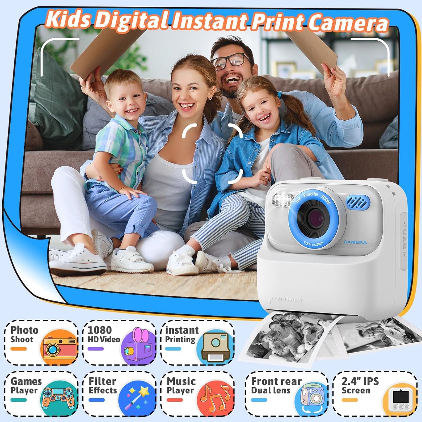 Kids Instant Digital Cameras for Boys and Girls, 1080P HD Dual-Lens Selfie Digital Camera with Print Paper & 32G Card, Christmas Birthday Gifts Toys for Toddler and Teenagers Age 3-16 Years Old