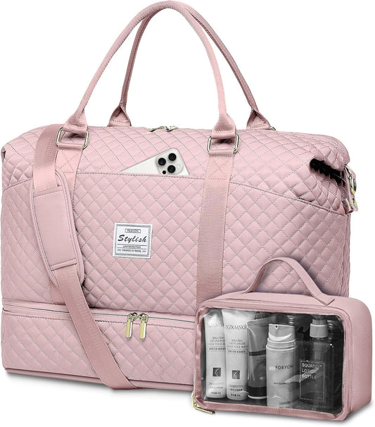 Weekender Duffle Bags for Women - Travel Duffel with Shoe Compartment, Carry On Overnight Bag, Gym Tote with Wet Pocket, Pink