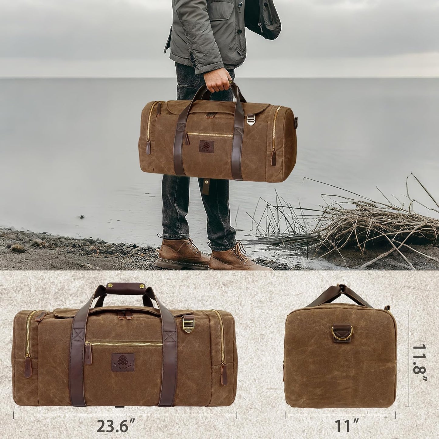Duffle Bag for Travel, 50L Waxed Canvas Duffle Bag Vintage Travel Bag Overnight Bag with Shoes Compartment Men (Vintage Dark Brown, Large-50L)