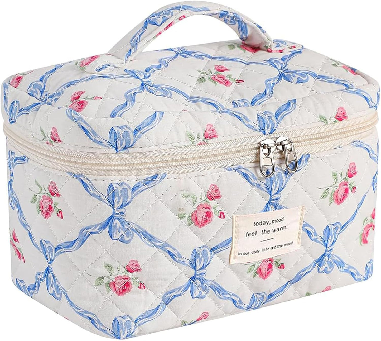 Quilted Makeup Bag, Large Makeup Bag, Cute Cosmetic Bags for Women Girls, Floral Coquette Aesthetic Patchwork Travel Toiletry Make Up Organizer Bag-Blue Bow