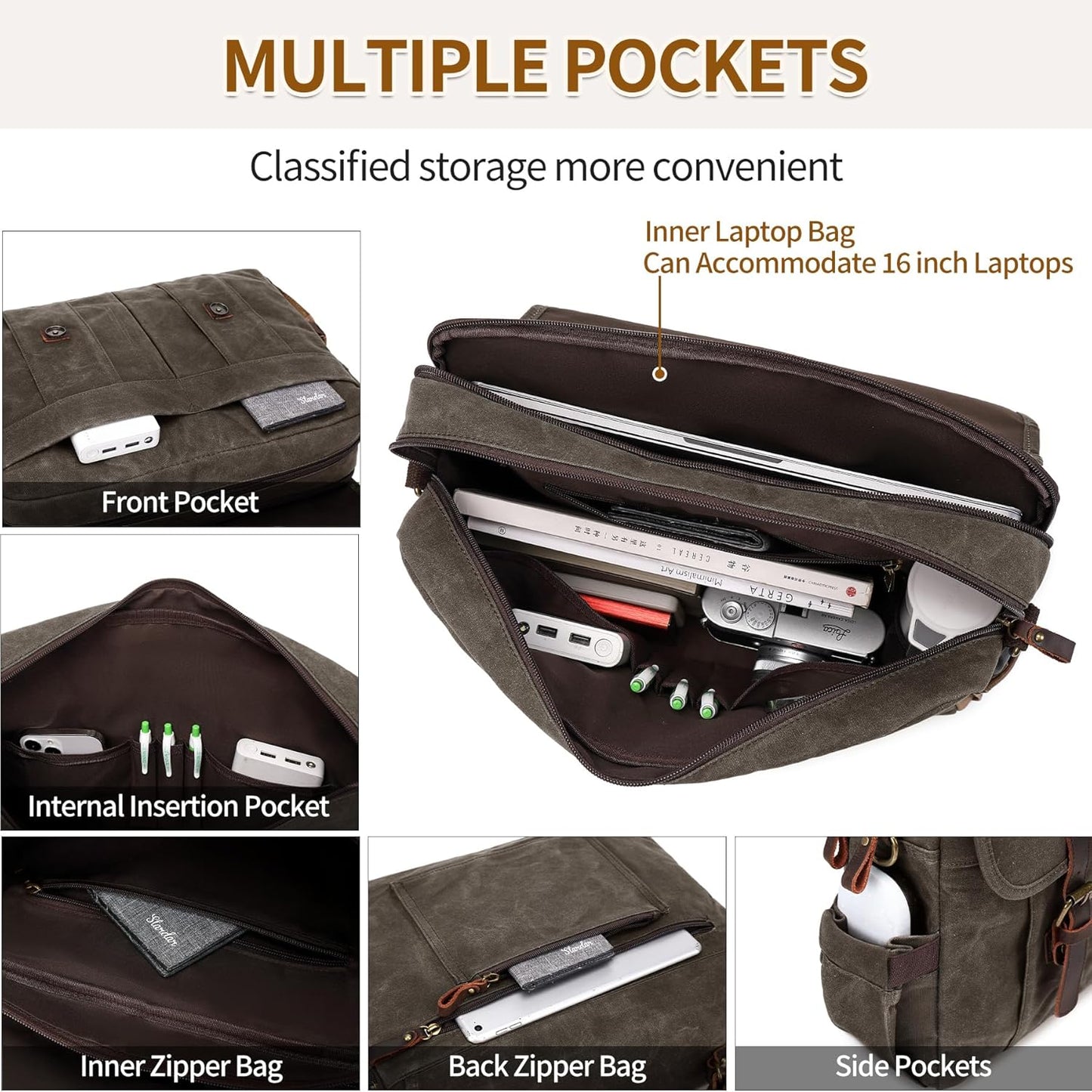 Messenger Bag for Men 15.6 Inch Vintage Canvas Genuine Leather Briefcase for Men Laptop Bag Satchel Shoulder Bag