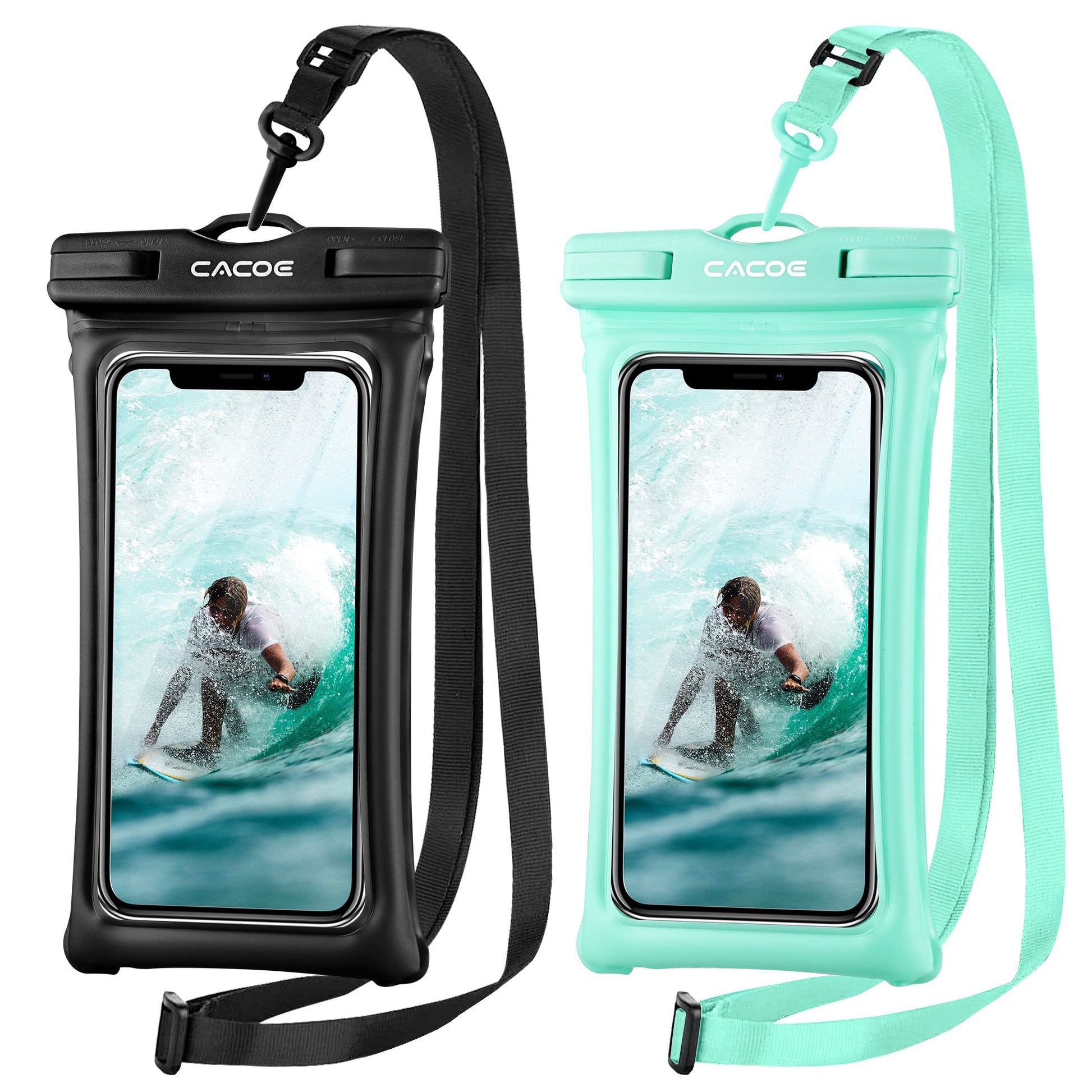 CACOE Floatable Waterproof Phone Pouch 2 Pack Up to 7.0",Black+Green