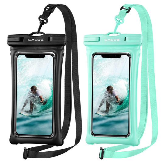 CACOE Floatable Waterproof Phone Pouch 2 Pack Up to 7.0",Black+Green