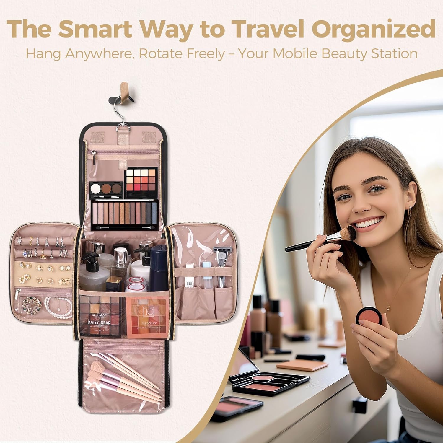 Hanging Toiletry Bag & Makeup Bag for Women with Jewelry Organizer - TSA Approved Large Capacity