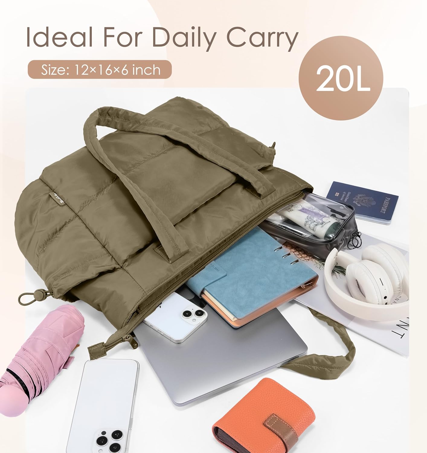 Tote Bag for Women Puffy Work Bags for Women with Zipper Lightweight Quilted Puffer Tote Bag for Travel, Teacher, Nurse