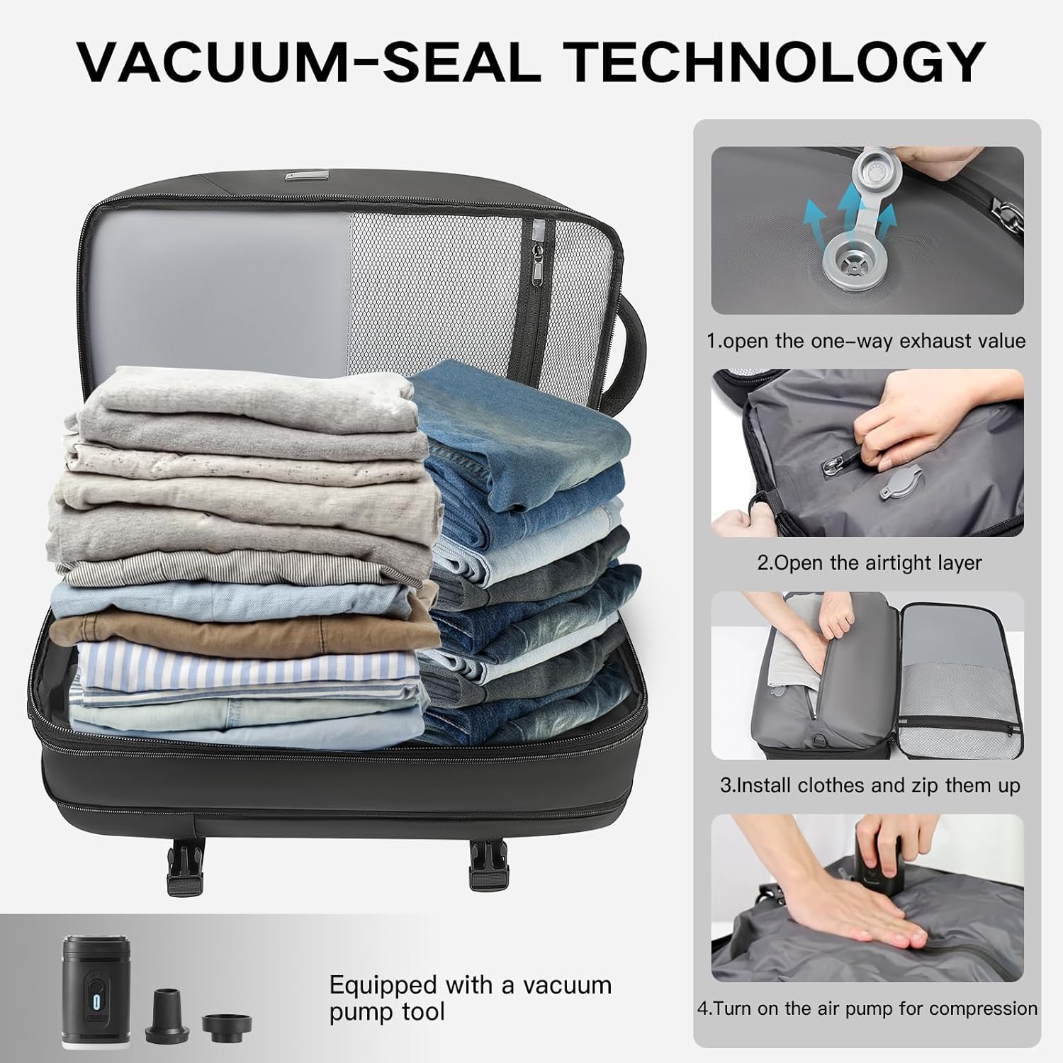 Vacuum Seal Travel Backpack 45L Expandable Air Compression System Water Resistant 17 Inches Laptop