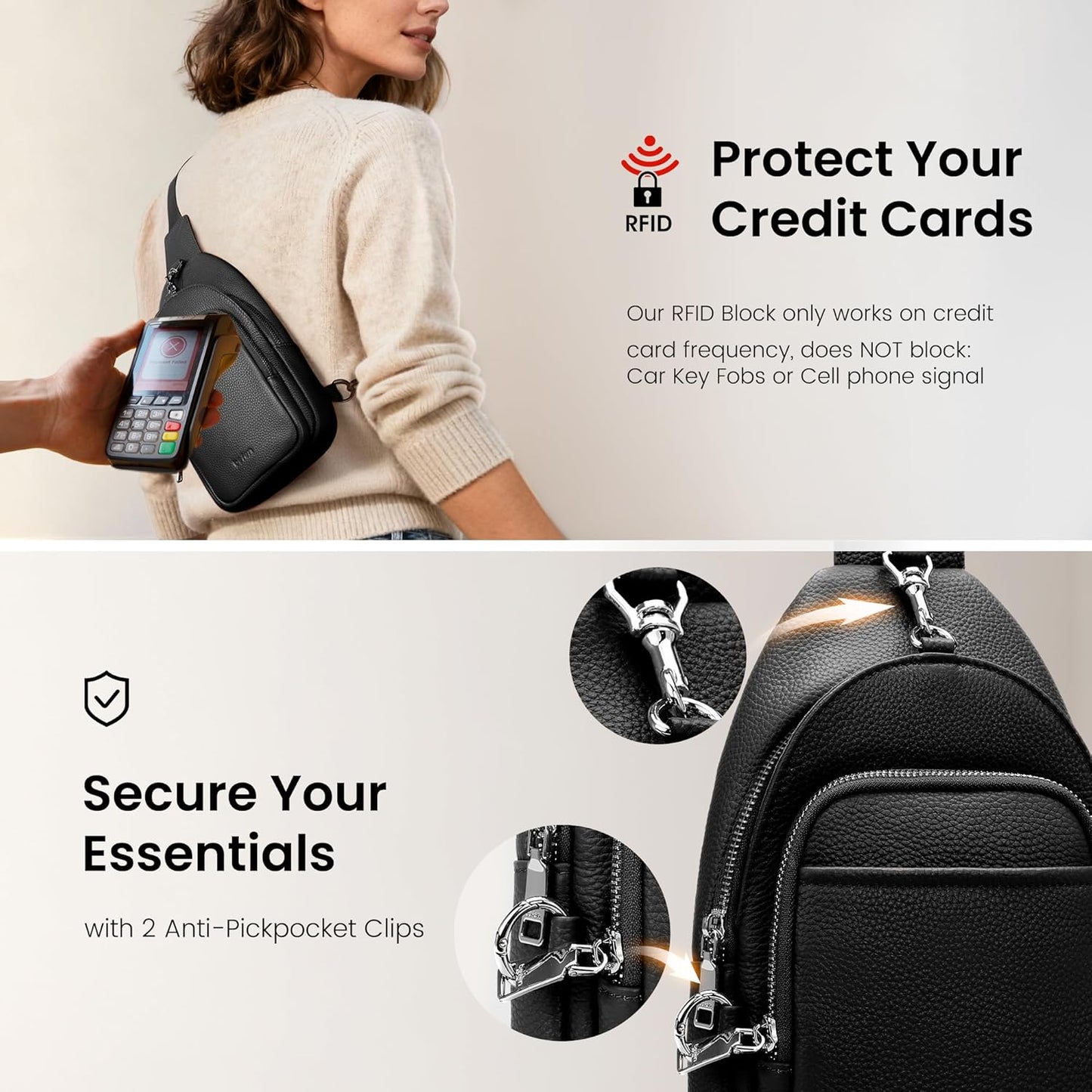 befen Genuine Leather Small Sling Bag for Women Anti-Theft Crossbody Chest Bags Multi-Pockets Fanny Pack with RFID Card Slots