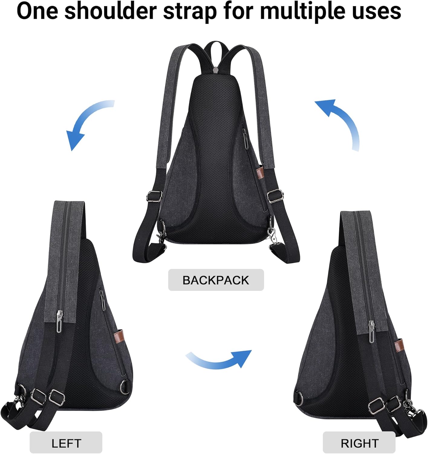 WITZMAN Canvas Sling Bag for Men Women Convertible Sling Backpack Crossbody Vintage Chest Bag Travel Casual Daypack（A8003 Classic Black）