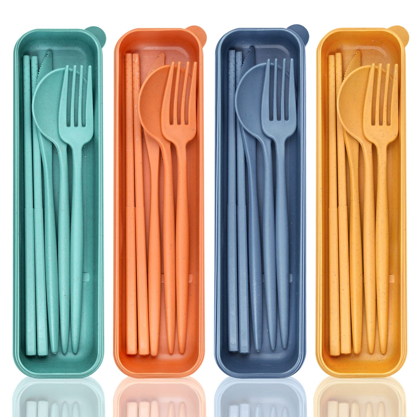 DISSKNIC Reusable Travel Utensils with Case, 4 Sets Wheat Straw Portable Cutlery Set Chopsticks