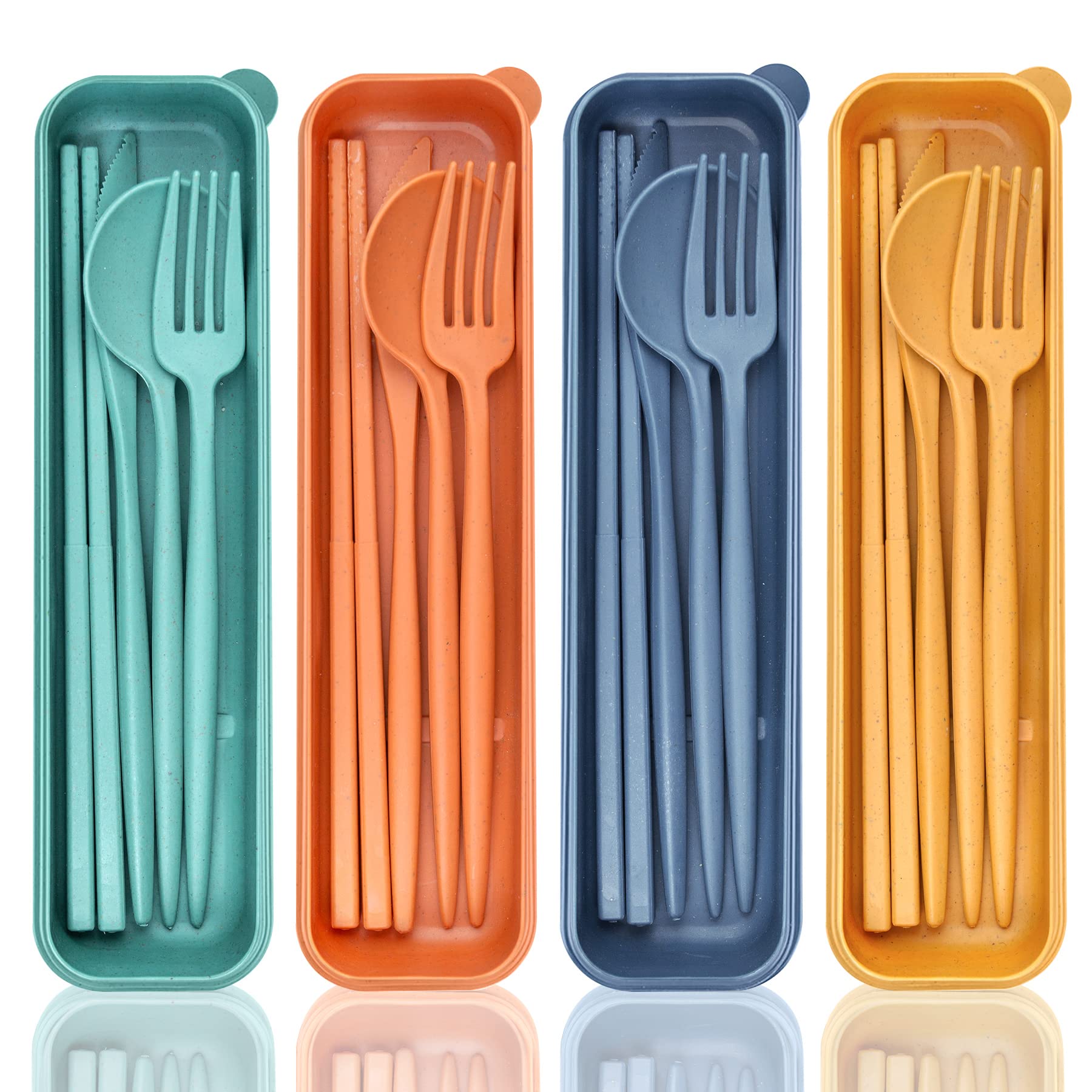 DISSKNIC Reusable Travel Utensils with Case, 4 Sets Wheat Straw Portable Cutlery Set Chopsticks