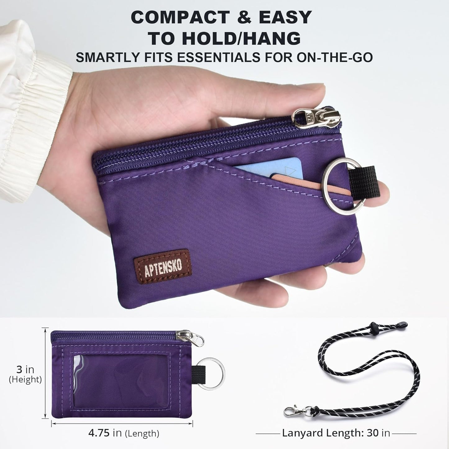 RFID Travel Wallet with Adjustable Lanyard-Zipper Small Wallet with ID Card Holder, Keychain for women&men-Minimalist Slim Waterproof Nylon case for ID, Cash, Key (Deep Purple)
