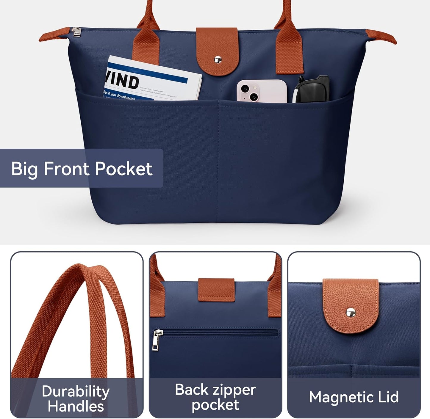 Nylon Tote Bag Women Zipper Shoulder Purse Large Hobo Top Handle Foldable Handbags for Work Travel Shopping