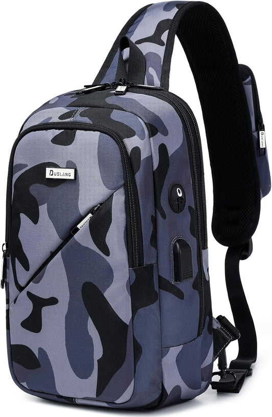 DUSLANG Hiking Crossbody Sling Backpacks Sling Bag for Men, Shoulder Backpack Chest Bags with USB Charger Port
