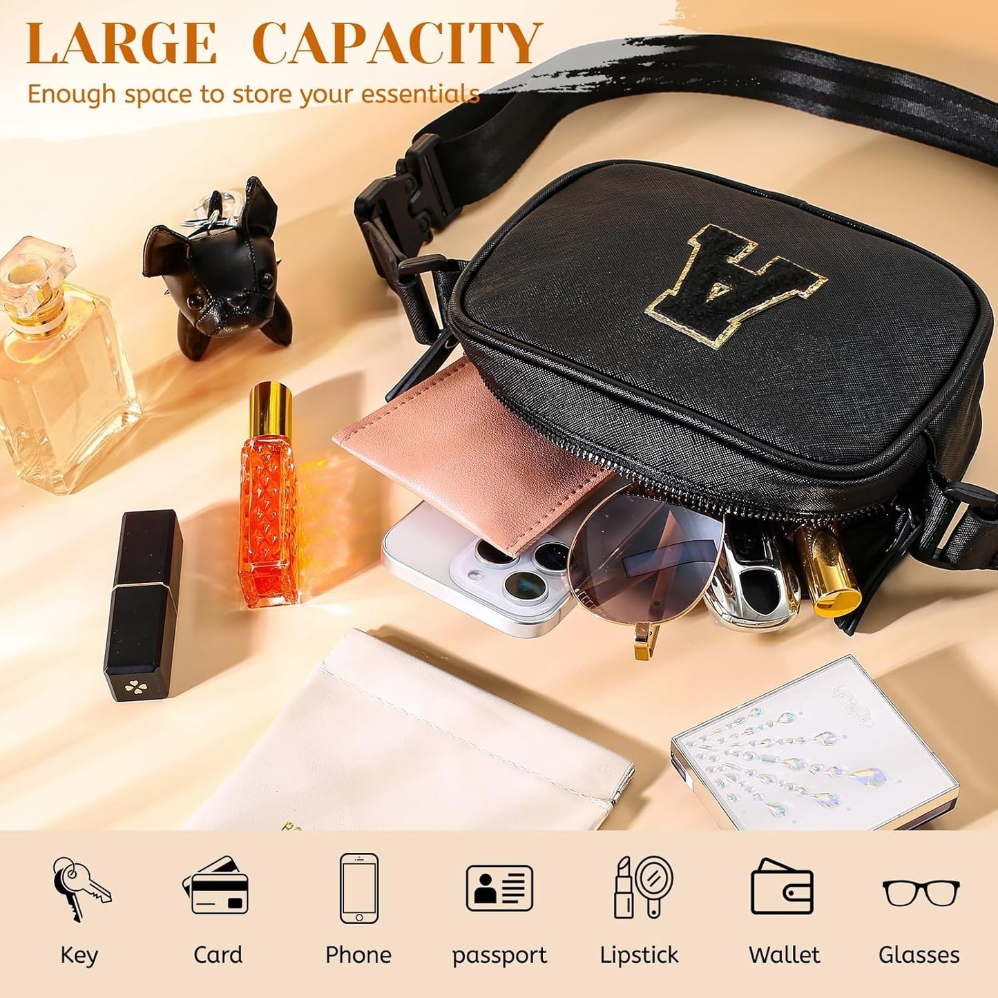 Cross Body Fanny Pack for Women, Fashion Waist Packs, Crossbody Bags, Belt Bag with Adjustable Strap (Black O)