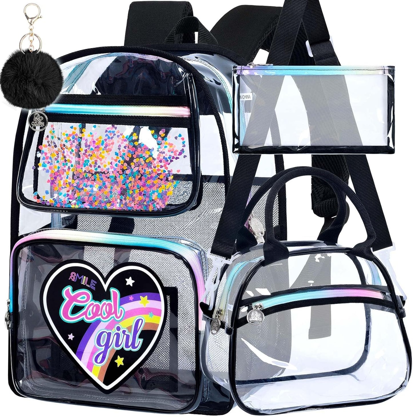 3PCS Girls Clear Backpack Heavy Duty, Cute Sequins See Through School Bag with Handbag, Womens Purple Transparent Bookbag