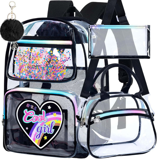3PCS Girls Clear Backpack Heavy Duty, Cute Sequins See Through School Bag with Handbag, Womens Purple Transparent Bookbag