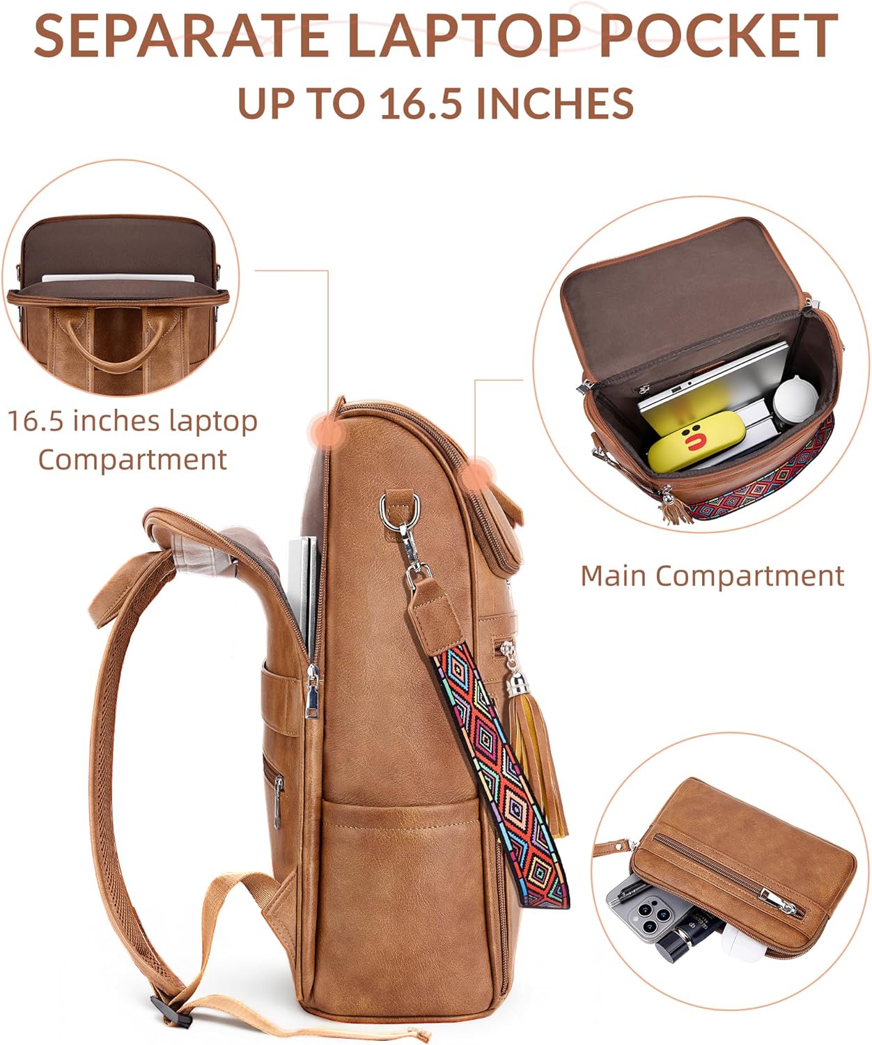 Leather Laptop Backpack for Women Designer Laptop Bag, 16.5 inch Travel Computer Backpacks Purse with Tassel for Work Business with Satchel Purse Brown