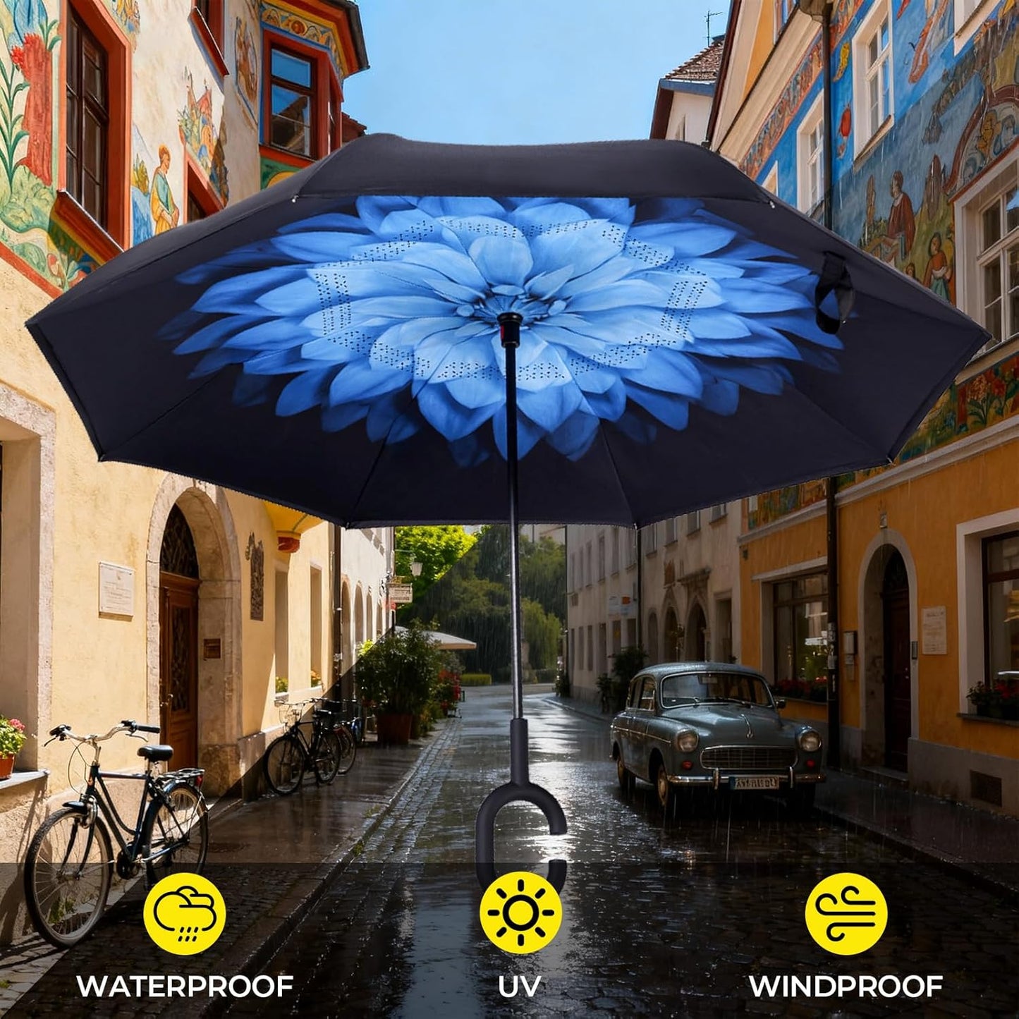 LLanxiry Windproof Inverted Umbrella, Large Reverse Umbrellas for Rain with C-shaped Handle Big Upside Down Inside Out Umbrella for Women & Men