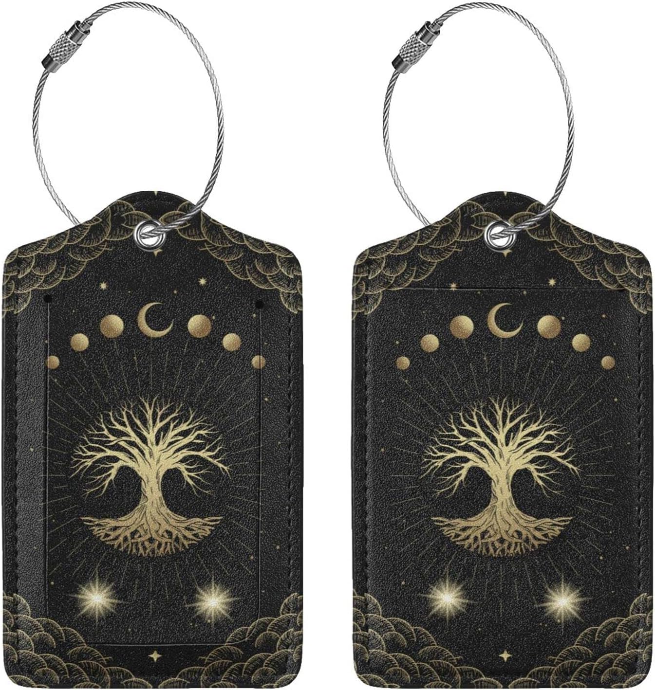 Magic Moon Tree Luggage Tags Set of 2 Leather Stainless Steel Loop Label Tag for Travel Bag Suitcase