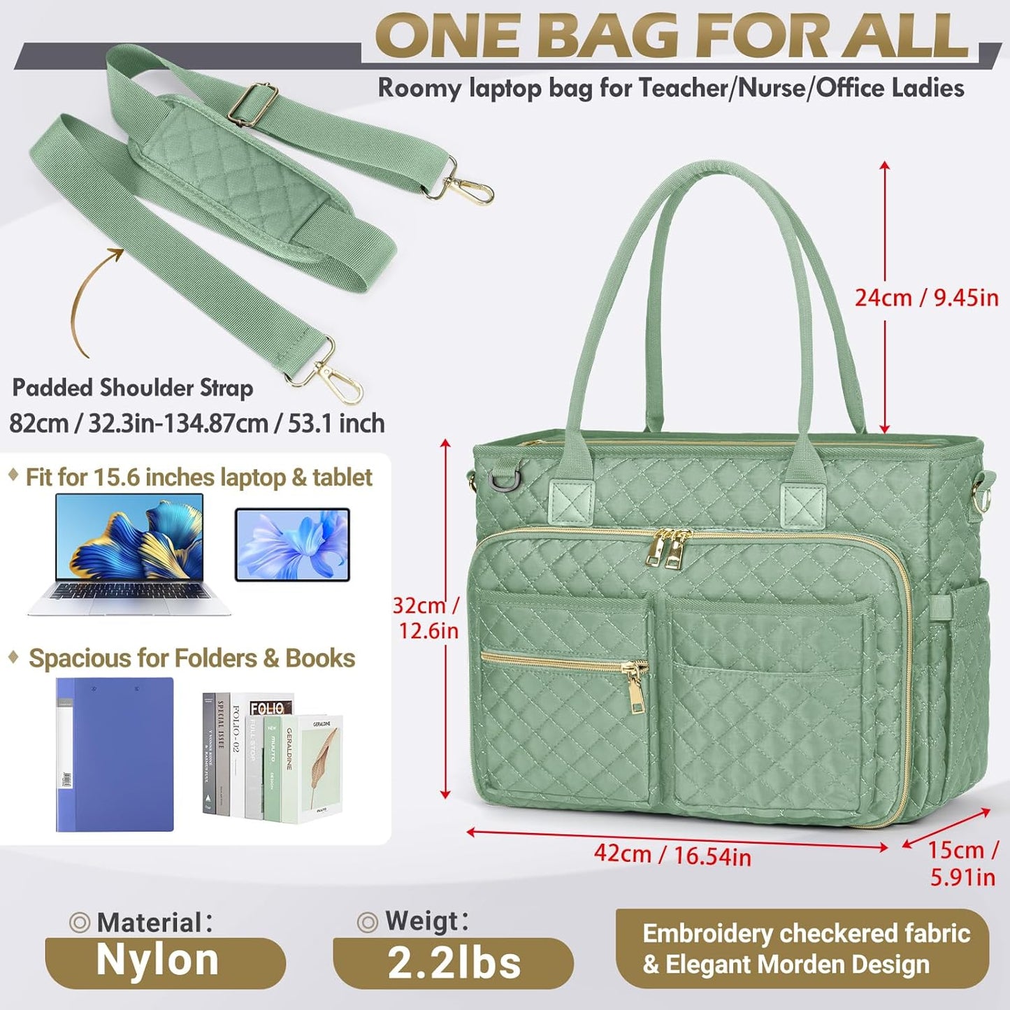 RAINSMORE Teacher Tote Bag 15.6 inch Laptop Bag for Women Work Bags Laptop Tote Nurse Bag Professional Computer Messenger with Insulated Pocket, Laptop Briefcase for Office, College, Mint Green