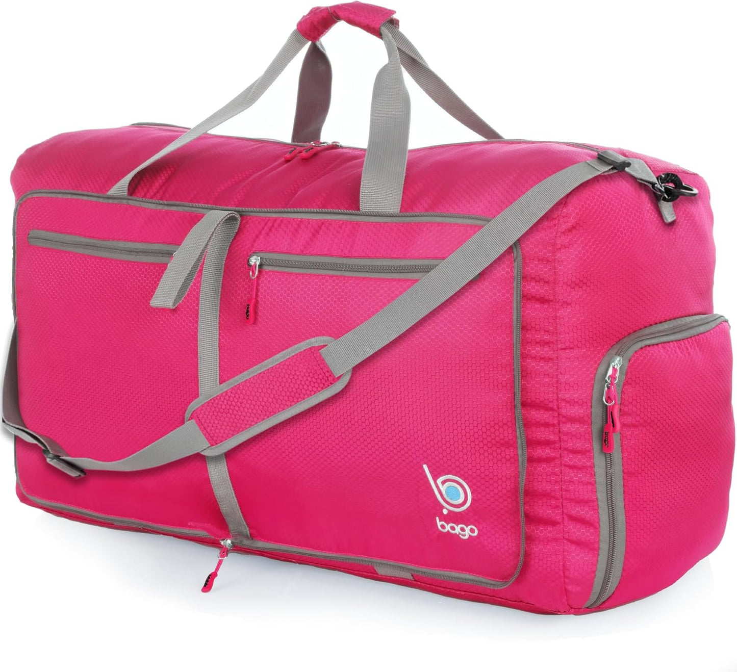 Bago Foldable Duffel Bags for Traveling Women & Men - 60L Medium Packable Duffle Bag for Travel with Shoe Compartment - Water Repellant, Heavy Duty, Lightweight Folding & Collapsible (Pink)