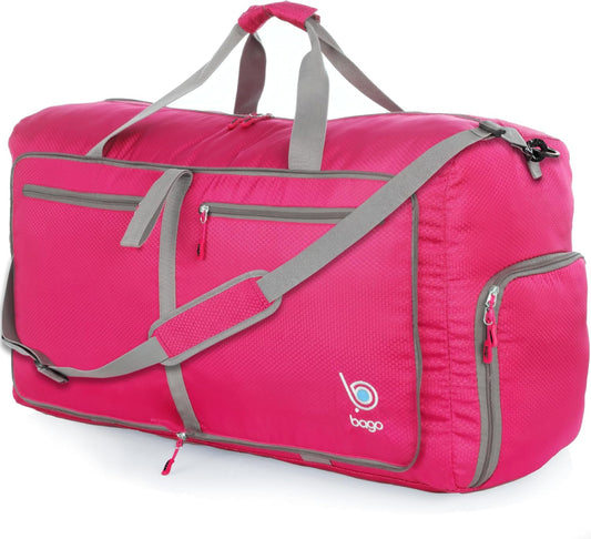 Bago Foldable Duffel Bags for Traveling Women & Men - 60L Medium Packable Duffle Bag for Travel with Shoe Compartment - Water Repellant, Heavy Duty, Lightweight Folding & Collapsible (Pink)