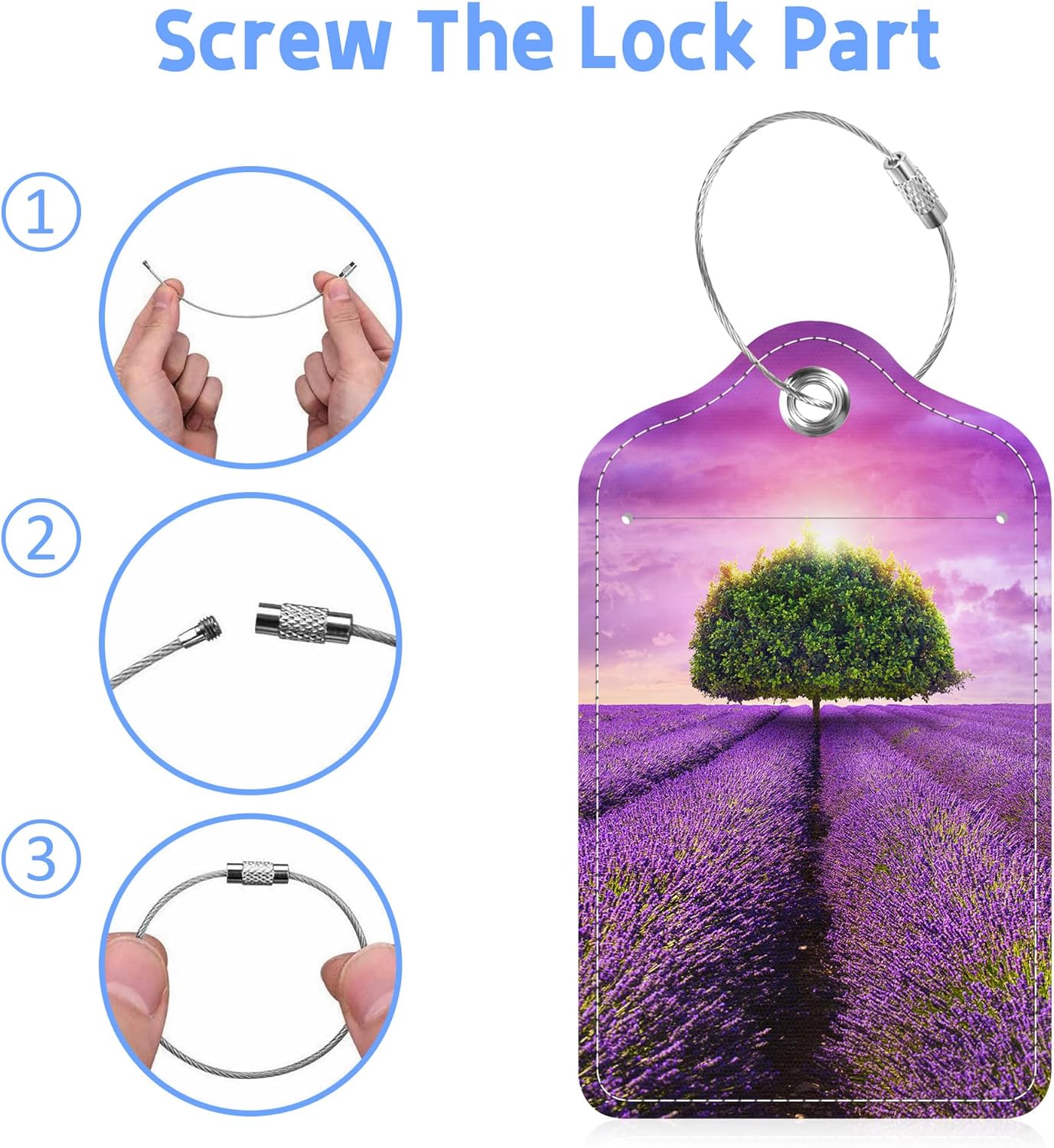 Set of 2 Luggage Tags Tree in The Lavender Field Leather Suitcases Tag with Privacy Cover Stainless Steel Loop and Address Card for Women Men Travel