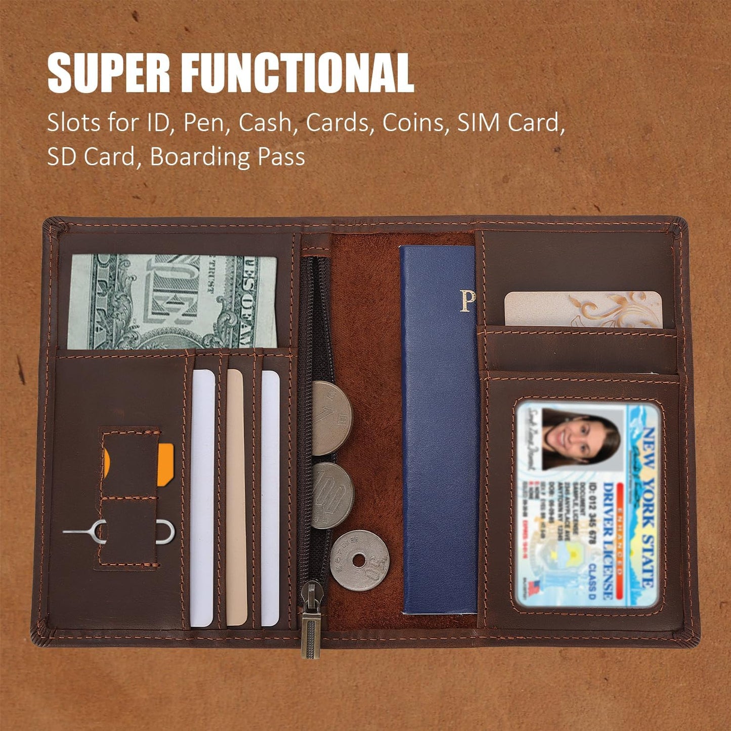 STAR VISTA Phoenix Leather Passport Holder, Full Grain Leather Travel Wallet- Slim, Bifold, RFID Blocking, ID Window, Coin Pocket, Card Slots, SIM Slots