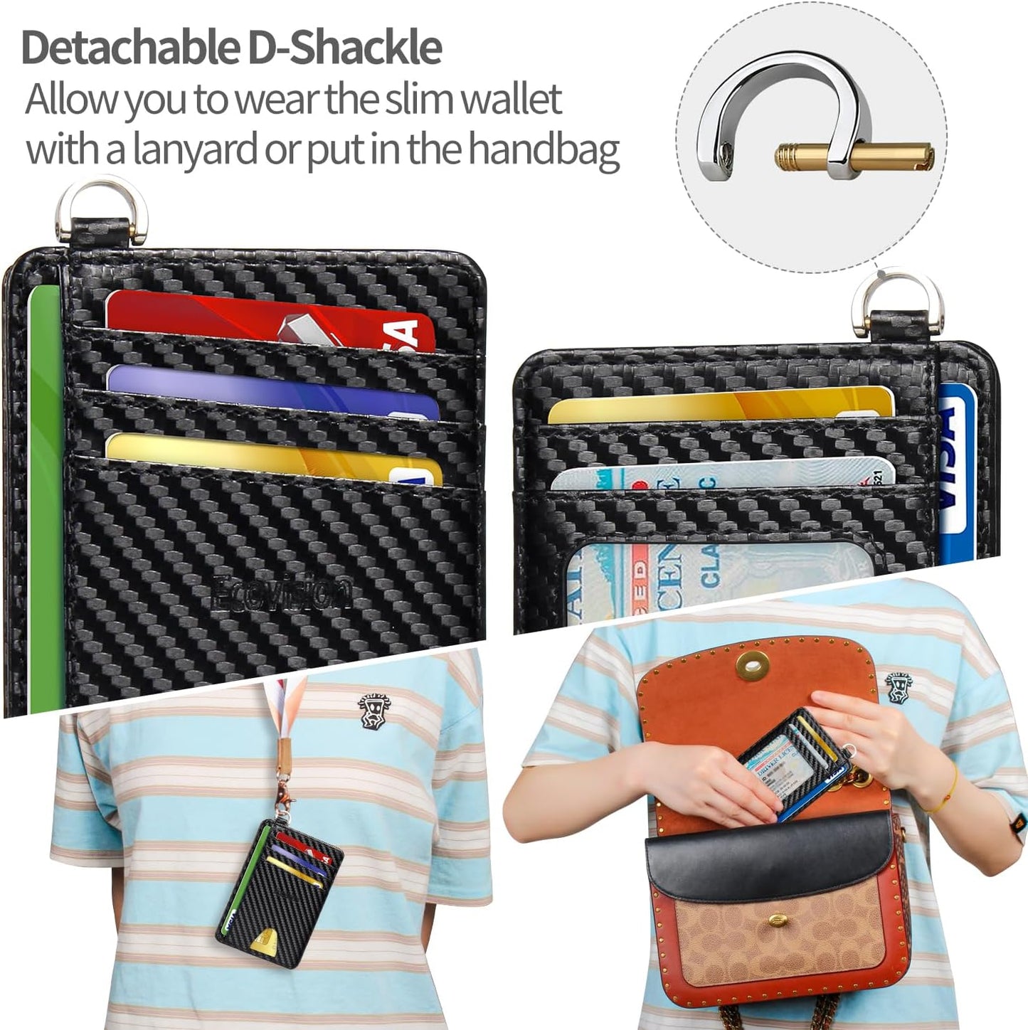 EcoVision Slim Minimalist Front Pocket Wallet, RFID Blocking Credit Card Holder Wallet with Detachable D-Shackle for Men Women