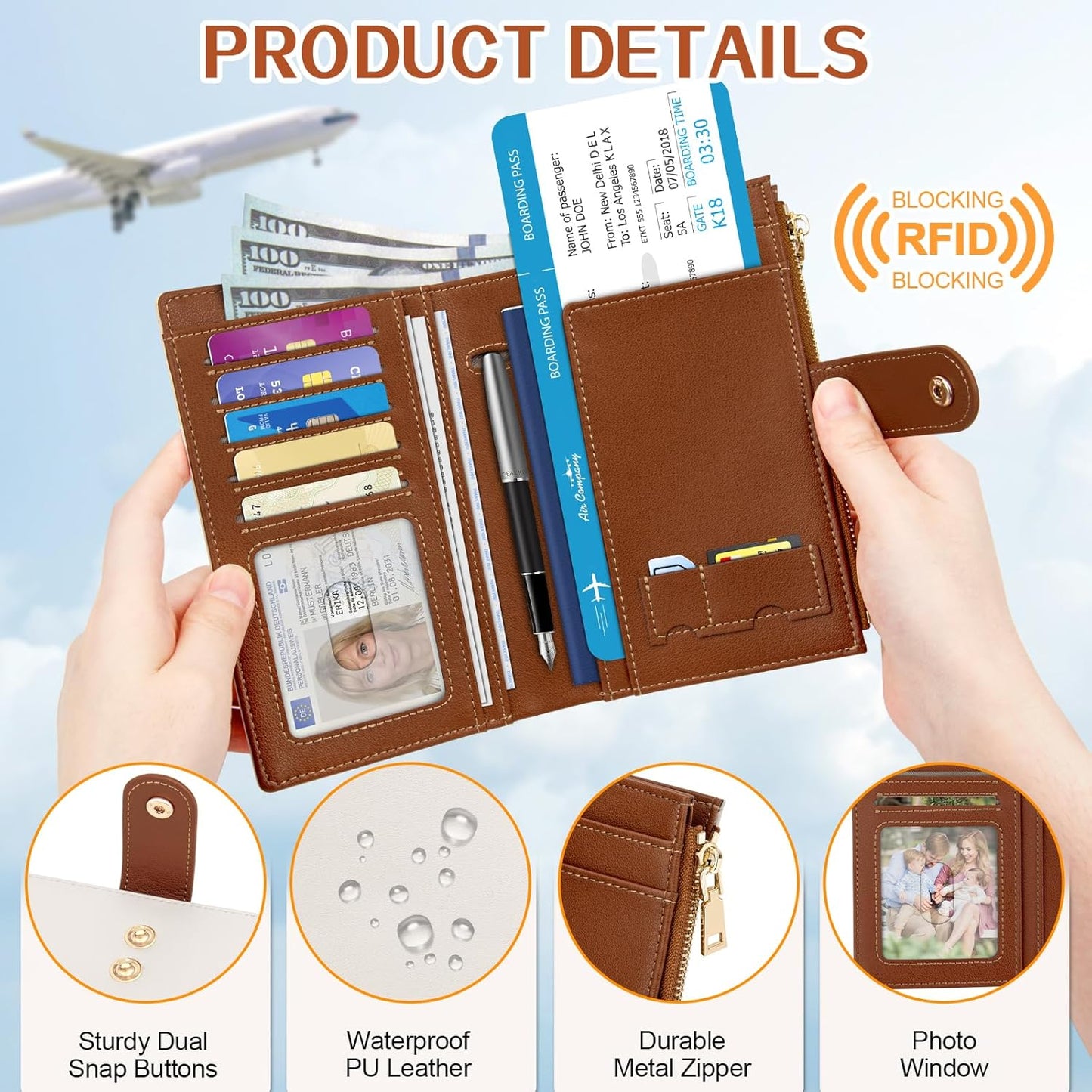 Passport Holder for Travel Women, RFID Blocking Passport Wallet with Airtag Slot, PU Leather Passport Cover Travel Wallet with Zippered Coins Pocket for Travel Essentials