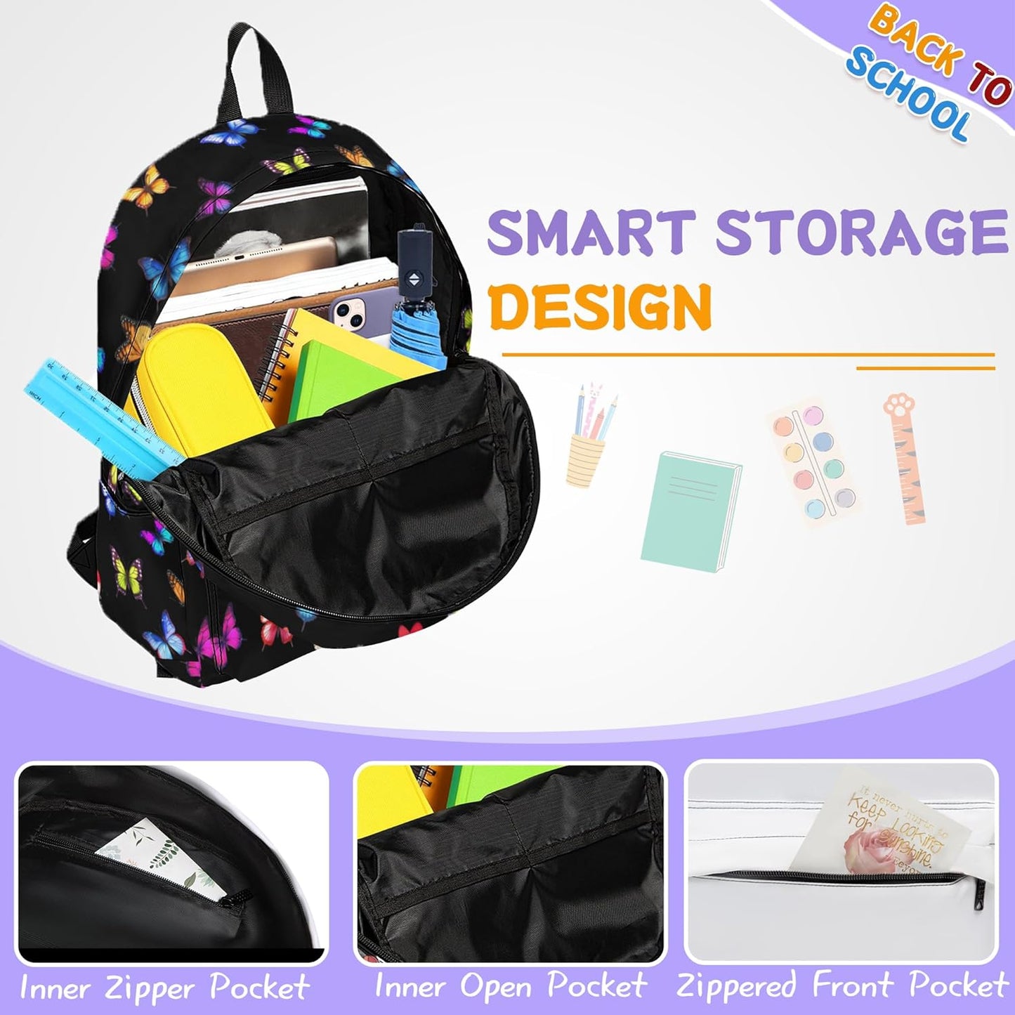 3PCS Butterfly Backpack Set for Girls, Large Lightweight 17 Inch Backpack with Lunch Box & Pencil Case for Kids, Back to School Bookbag for Elementary Middle School