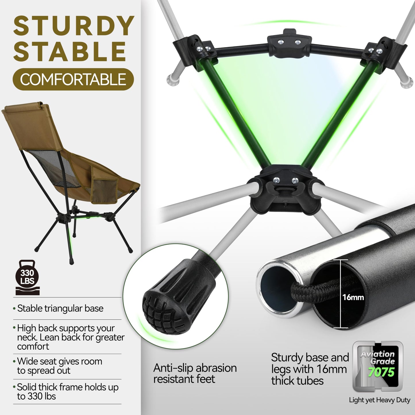 MARCHWAY Lightweight Folding High Back Camping Chair with Head Support, Stable Portable Compact for