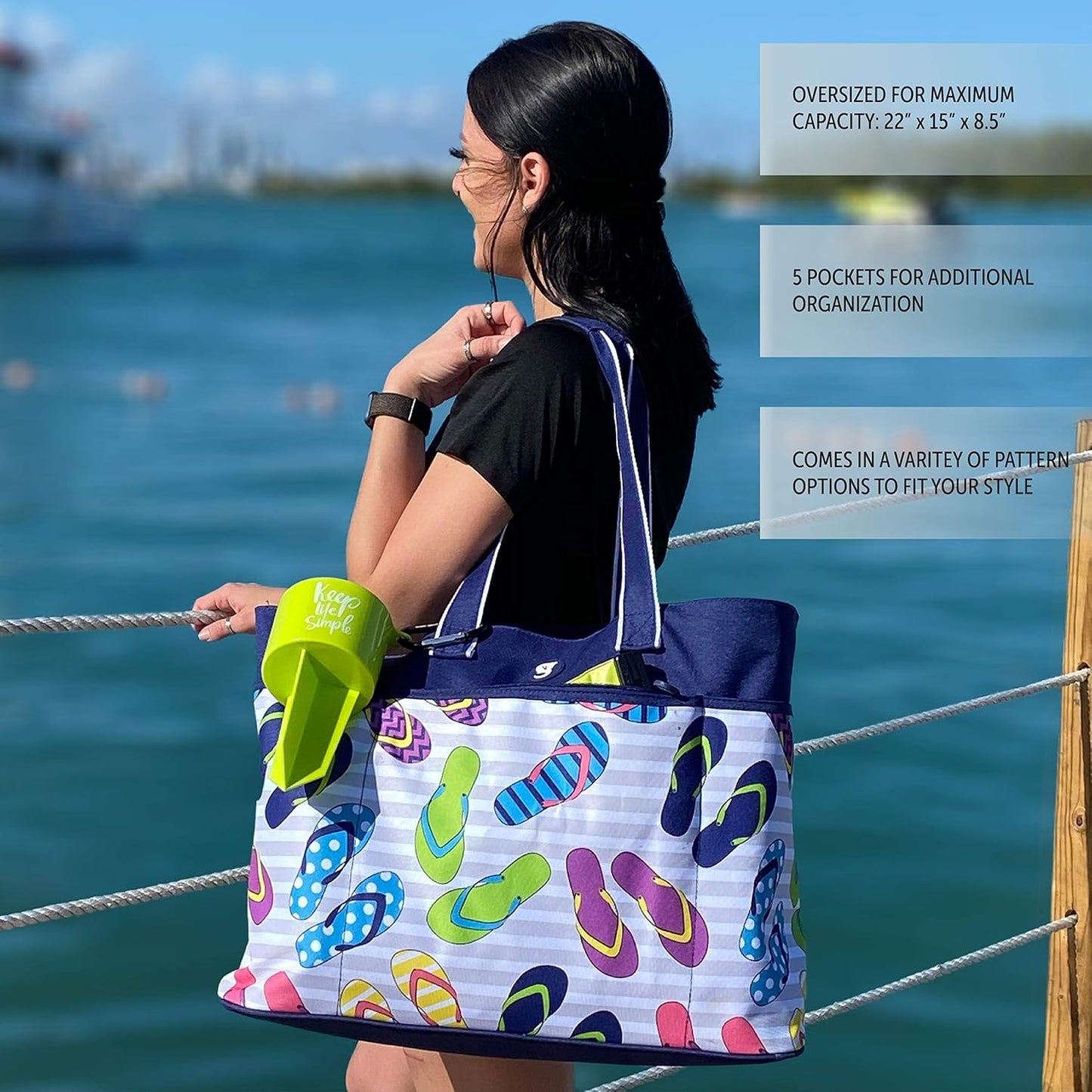 geckobrands Oversized Beach Tote – Large and Stylish Beach Bag with 4 Exterior Pockets and Zippered