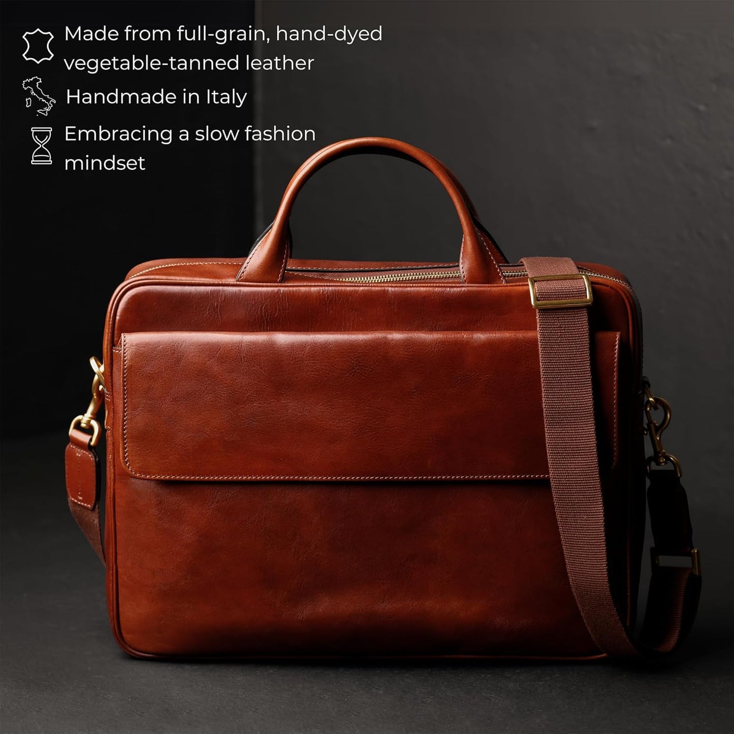 Time Resistance Leather Briefcase - Italian Handmade Leather Laptop Bag - Handbag for Men - Professional Computer Case
