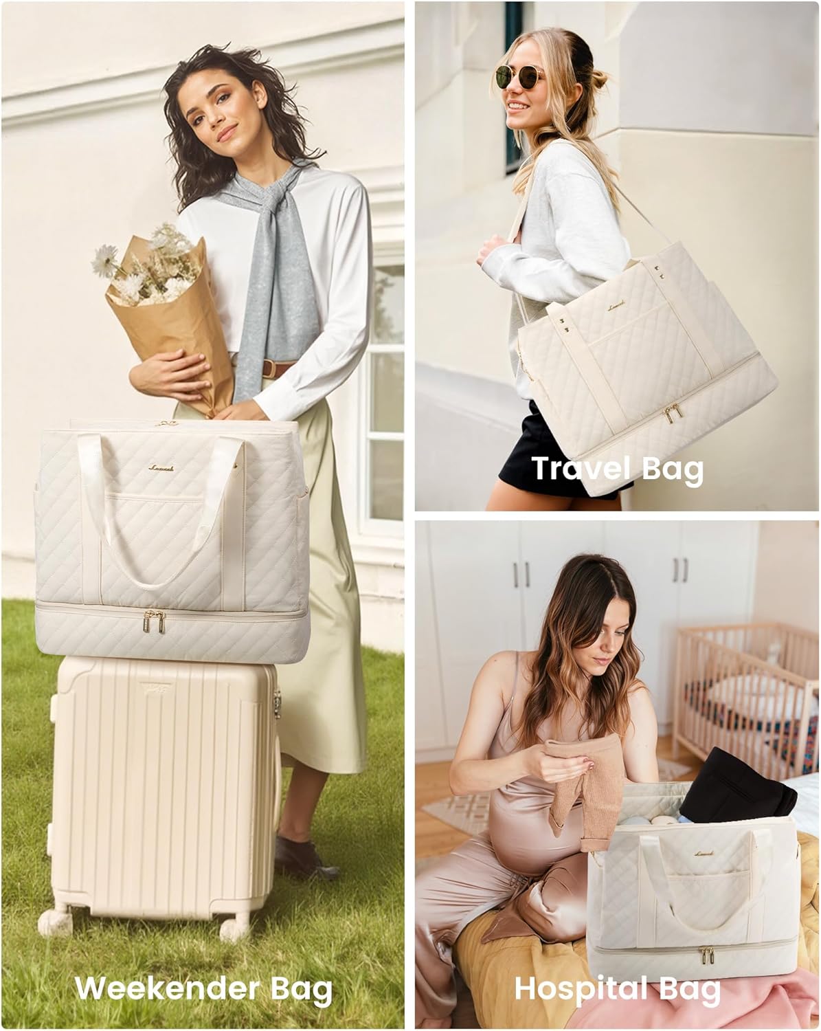 LOVEVOOK Large Travel Duffle Bag for Women, 52L Weekender Bags with Shoe Compartment & Wet Pocket, Quilted Carry On Personal Item Bag, Overnight Hospital Bags for Labor Delivery Beige