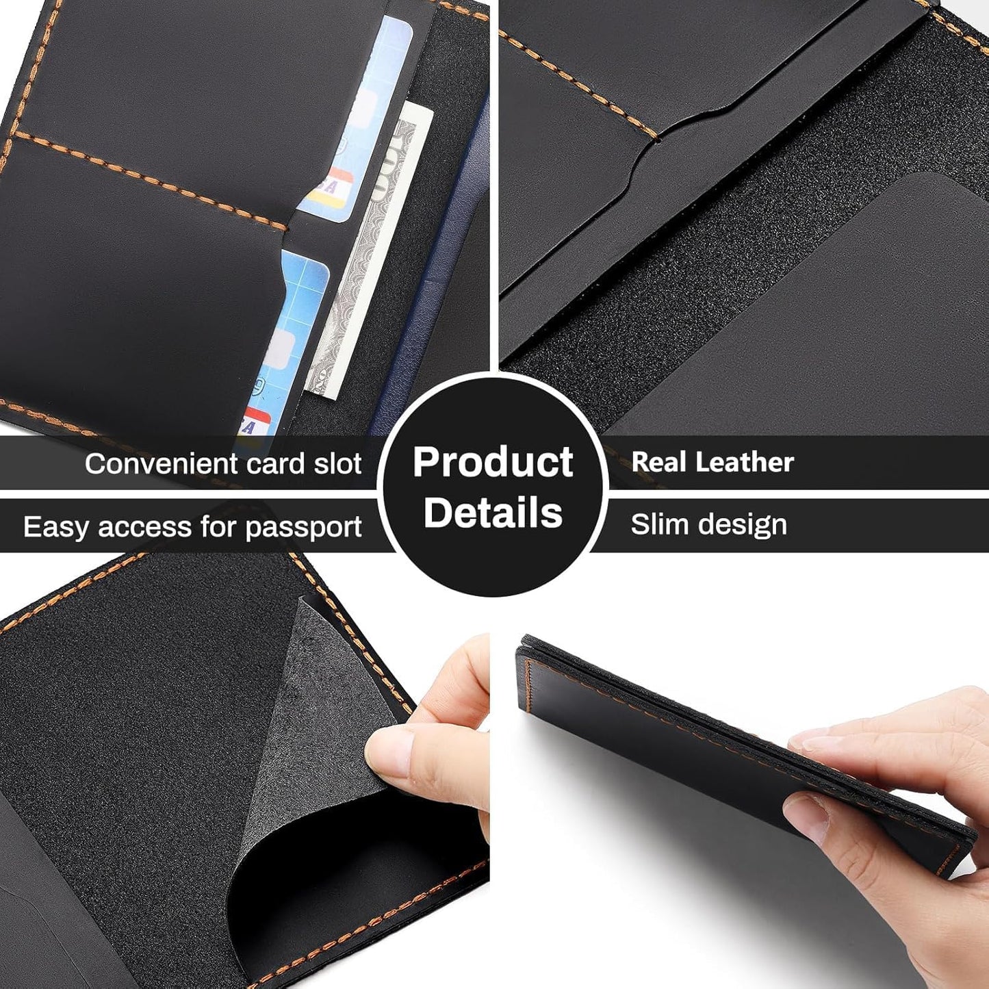 Real Leather Wallet Passport Vaccine Holder Combo Travel Organizer (Black)