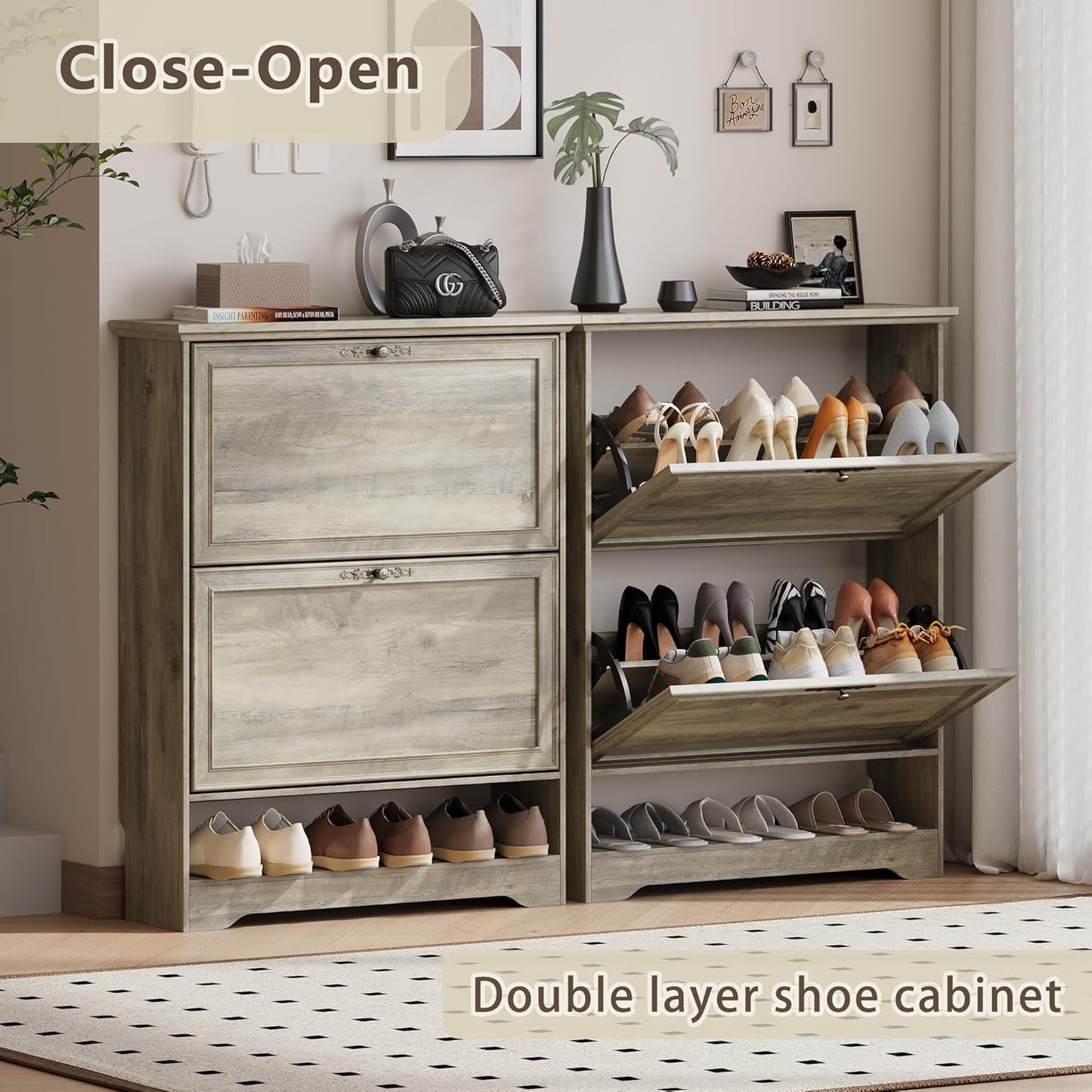 Shoe Cabinet for Entryway, Slim Shoe Storage Cabinet with Adjustable Shelves, Wooden Rack and Organizer for Small Spaces, Closet, Foyer, Hallway
