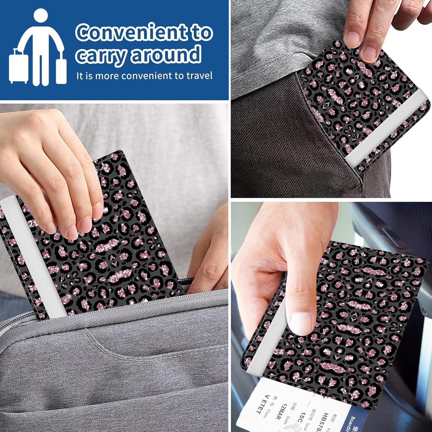 Passport Holder for Travel Essentials, Leather RFID Blocking Passport Wallet Cover Case, Cute Passport Book Holders for Women and Men Sliver Leopard