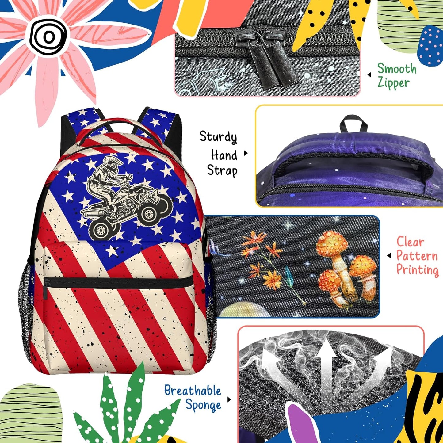 Motorcycle Us Flag Kids Backpack For Boys Girls Elementary American Patriotic Flags Schoolbag Kindergarten Bookbags Preschool School Bag Toddler Book Bags Travel Bag Hiking Camping Rucksack Daypack