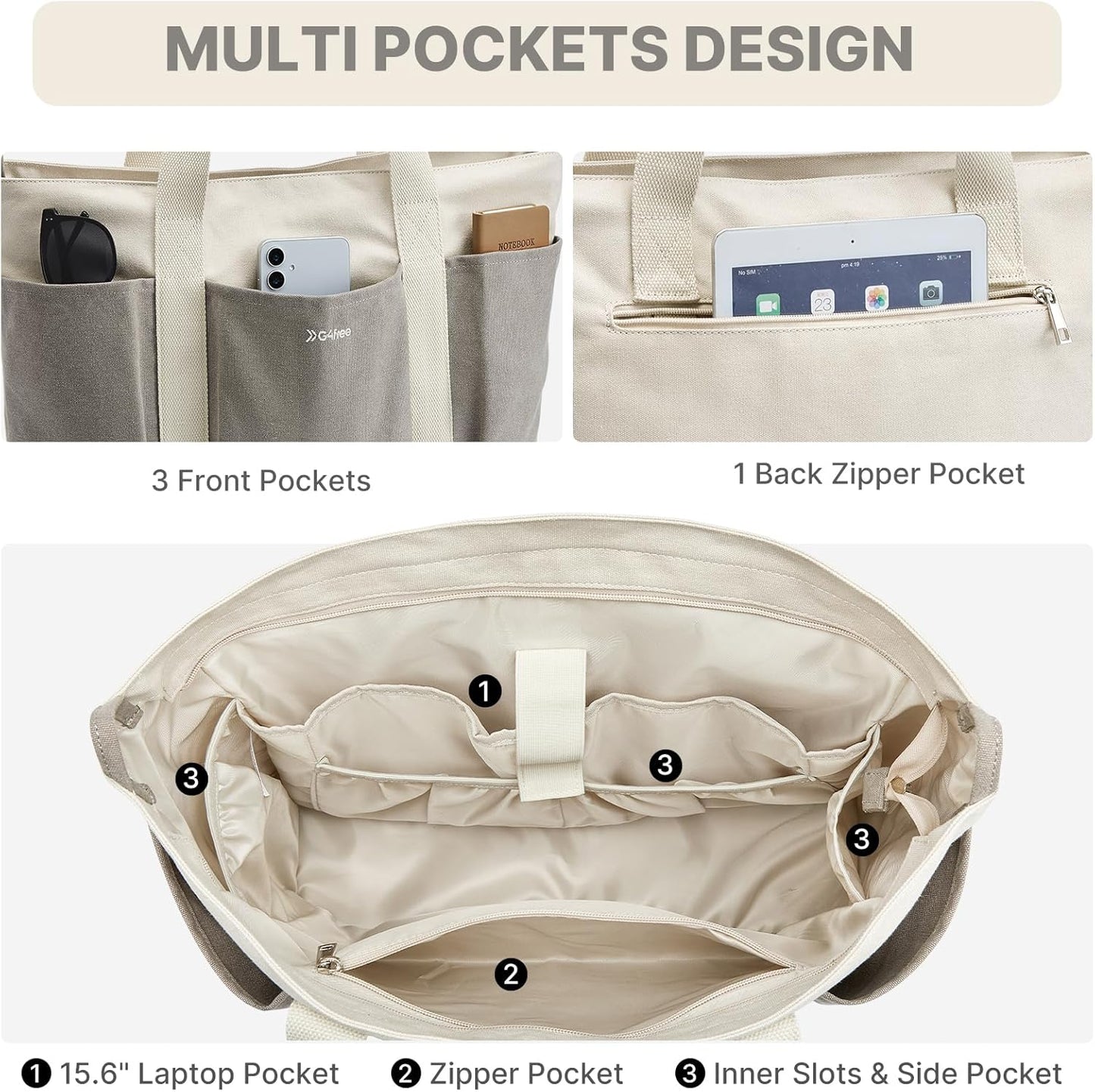 G4Free Large Canvas Tote Bag for Women with Zipper Fit 15.6" Laptop, Everything Tote Bags with