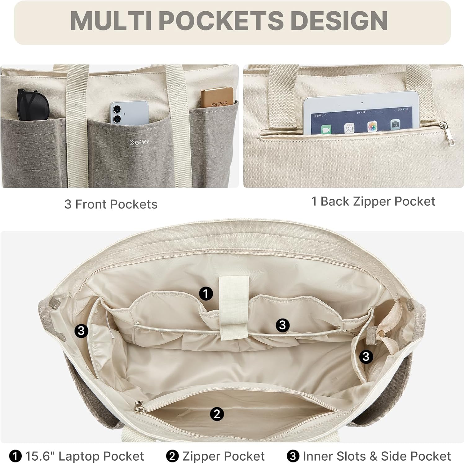 G4Free Large Canvas Tote Bag for Women with Zipper Fit 15.6" Laptop, Everything Tote Bags with