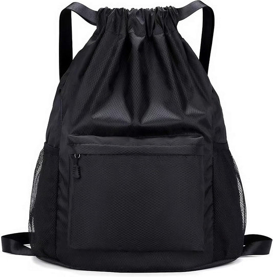 Drawstring Backpack Sports Small Gym Bag for Men Drawstring Bags Soccer Bag Water-Resistant String Backpack with Side Pocket Lightweight Black