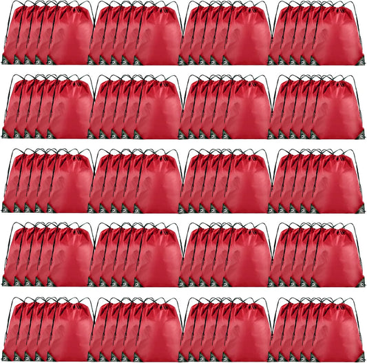 Drawstring Backpack Bulk 100Pcs Cinch Bag, Polyester Drawstring Bags for Gym Beach Sports Short Trip Party (Red)