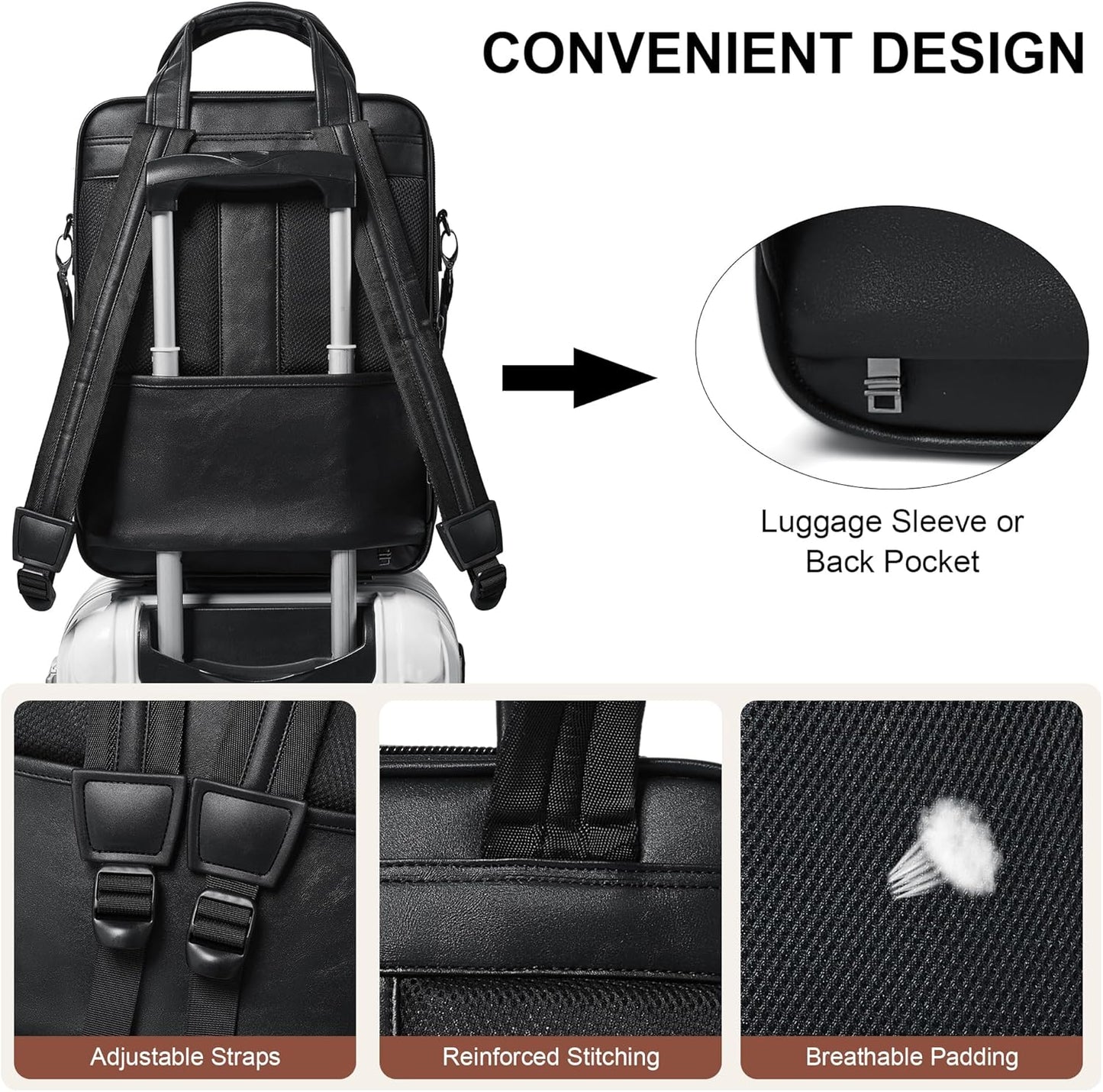 Shrrie Laptop Backpack for Women and Men, 15.6 Inch Vegan Leather Computer Backpack Professional Water-Resistant Casual Daypack for Work Business College Travel Office,Two-toned Black